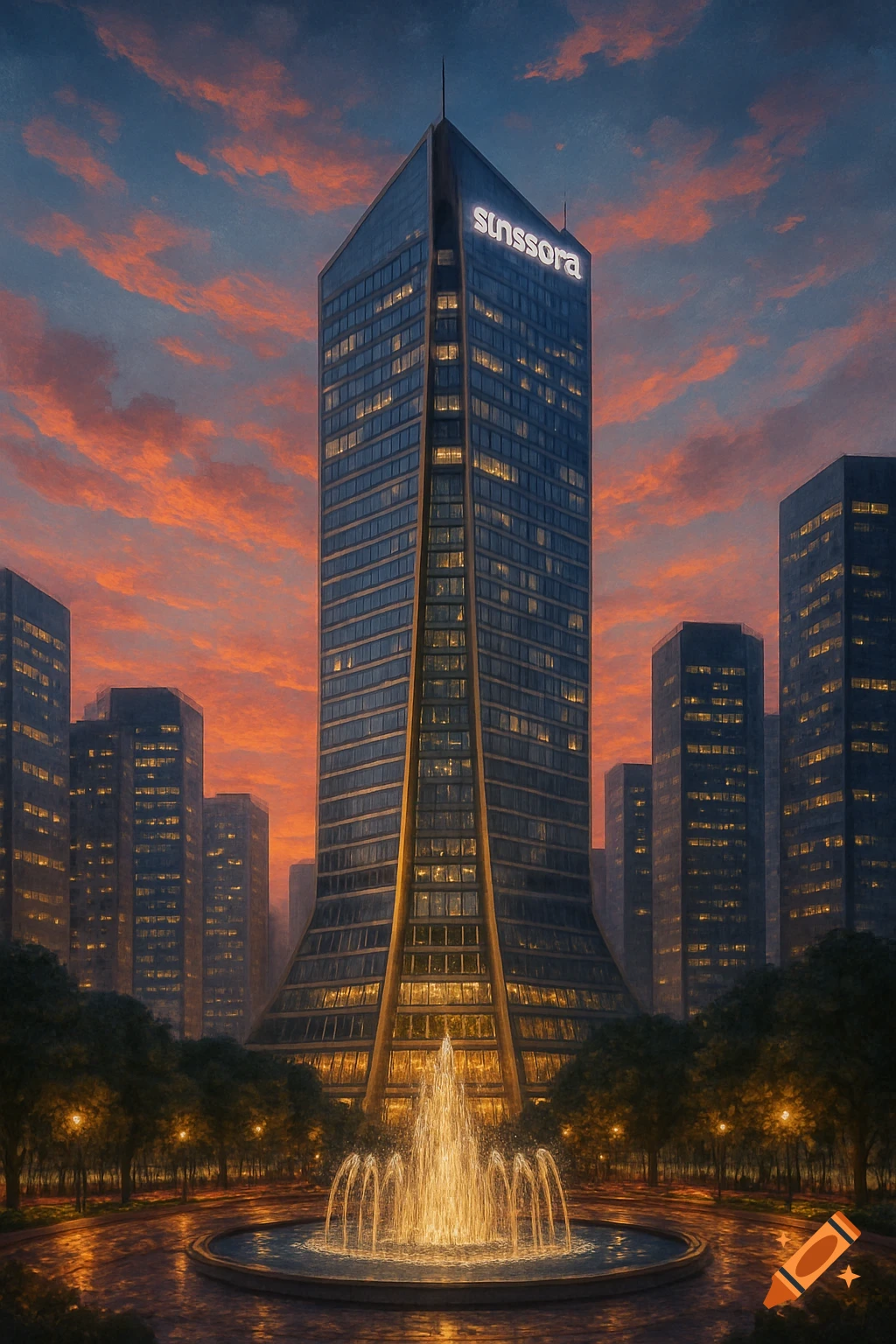 A tall, modern skyscraper with glowing windows and a bright fountain in front, set against an orange sunset sky, surrounded by city buildings.