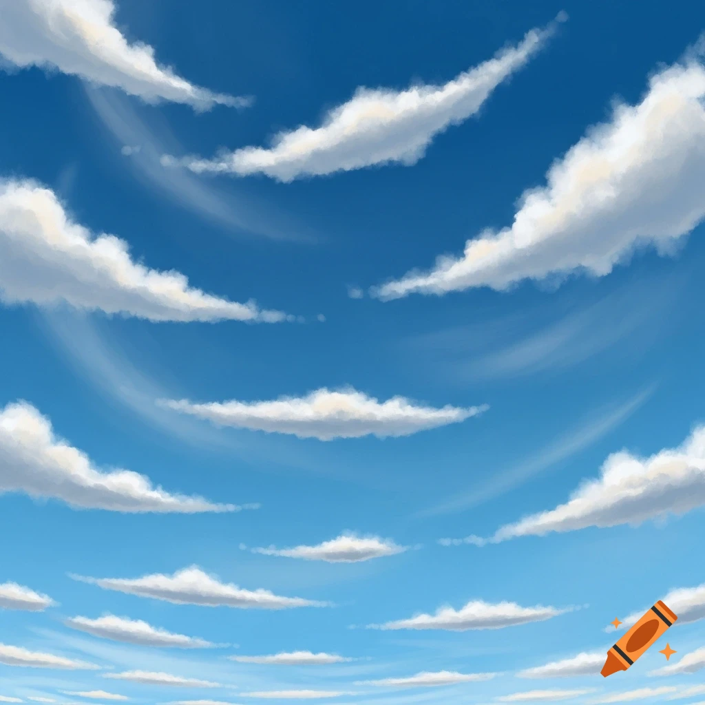 An illustrative deep blue sky filled with numerous white, fluffy and wispy clouds.