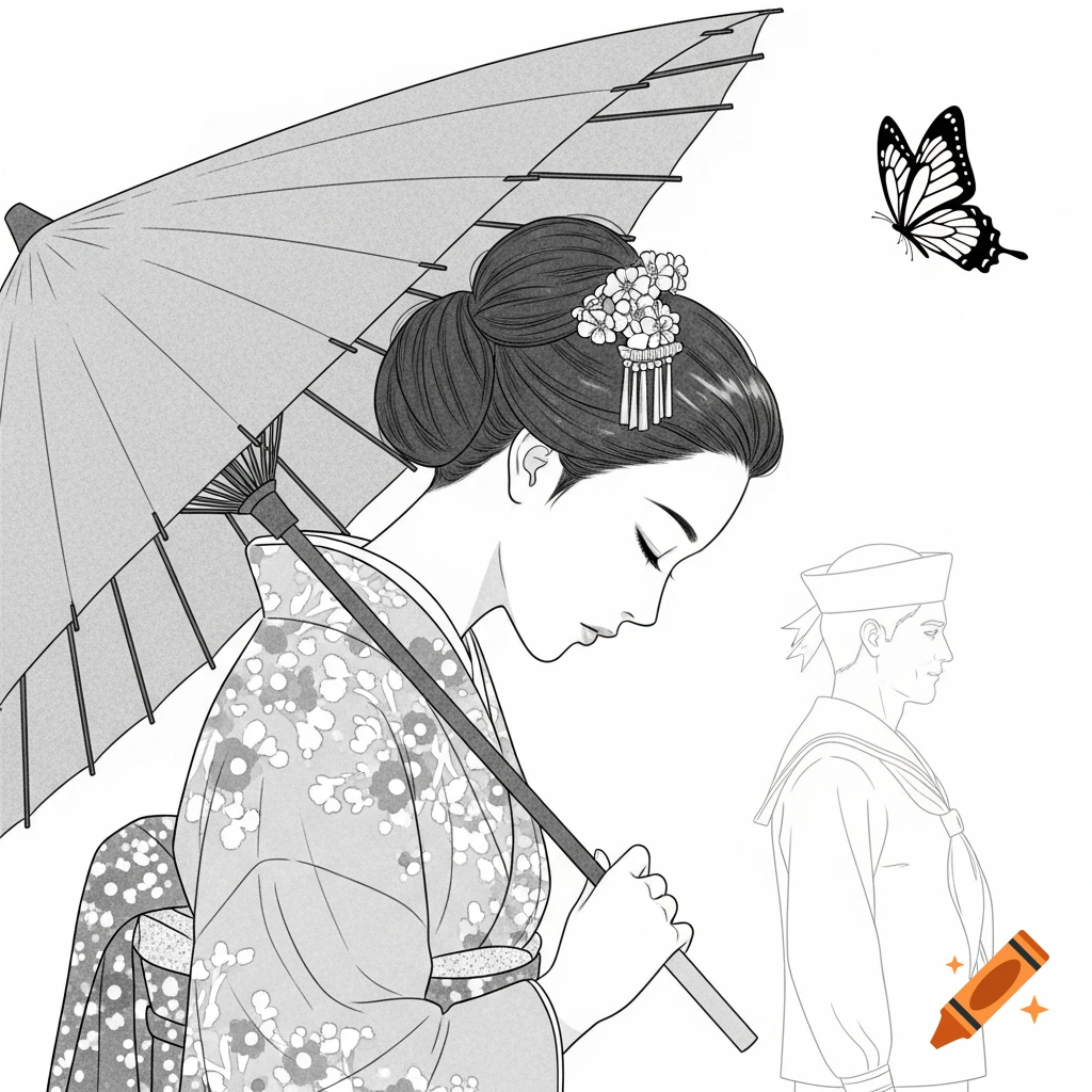 Grayscale illustration of a Japanese woman in a kimono holding an umbrella, looking down, with a butterfly and a faint sailor in the background.