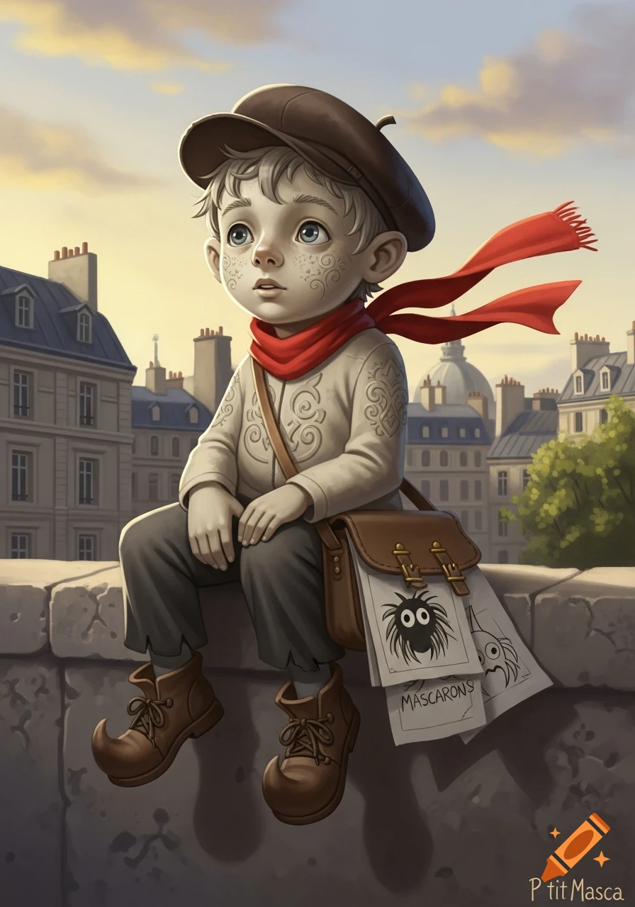A whimsical illustration of a young boy with a beret and red scarf, sitting on a stone wall overlooking Parisian rooftops at sunset, with a satchel and spider drawings.