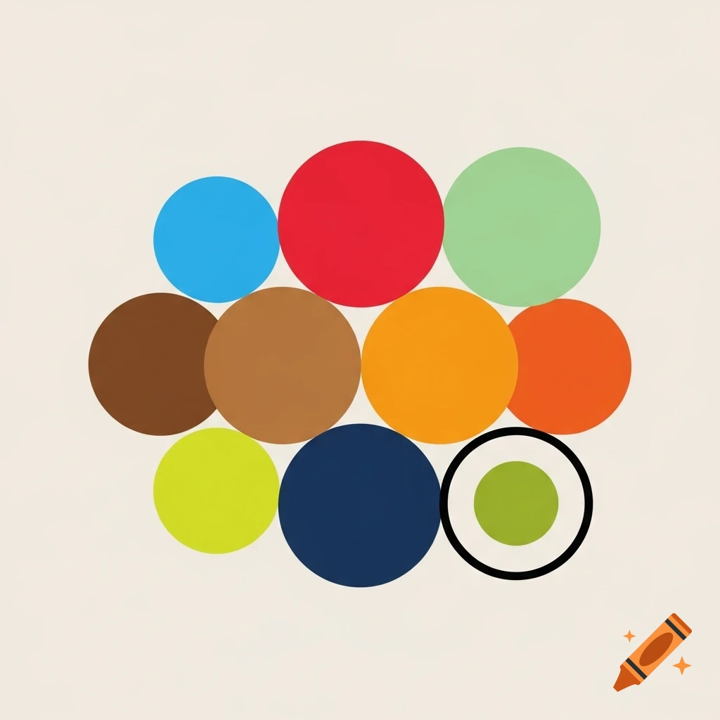 Harmoniously arranged colorful circles on a light background, including blue, red, brown, green, orange, dark blue, yellow-green, and a ringed circle with a green center.