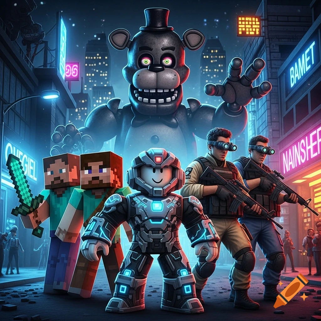 Crossover image featuring Minecraft characters, a Roblox-style mech, soldiers with guns, and a giant Freddy Fazbear in a futuristic city at night.