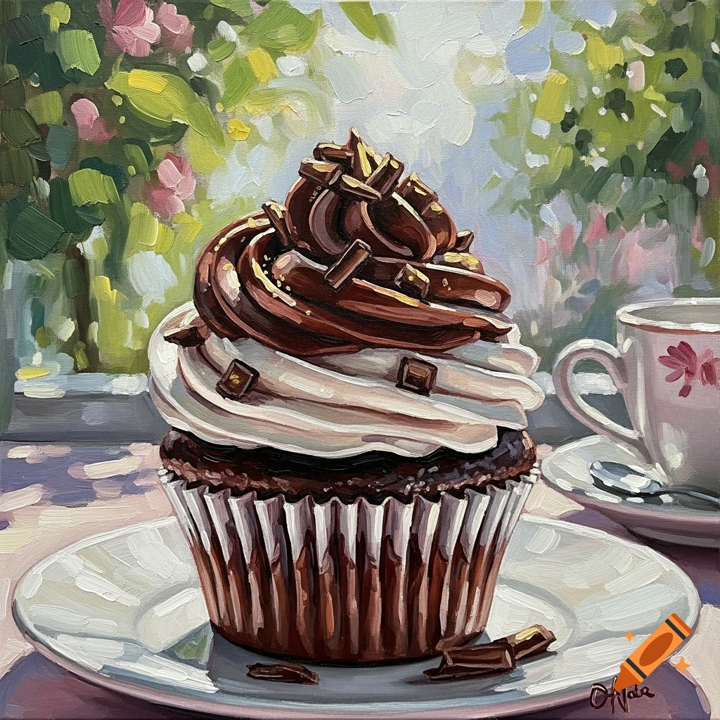 Impressionistic painting of a chocolate cupcake with white and chocolate frosting and chocolate shavings on a plate, with a teacup and flowers in the background.