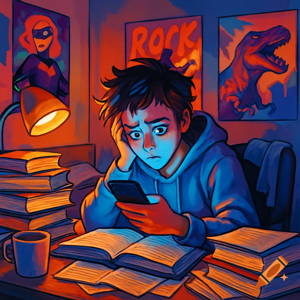A stressed teenage student with messy hair looks at their phone, surrounded by piles of books and posters, in a digital art style.