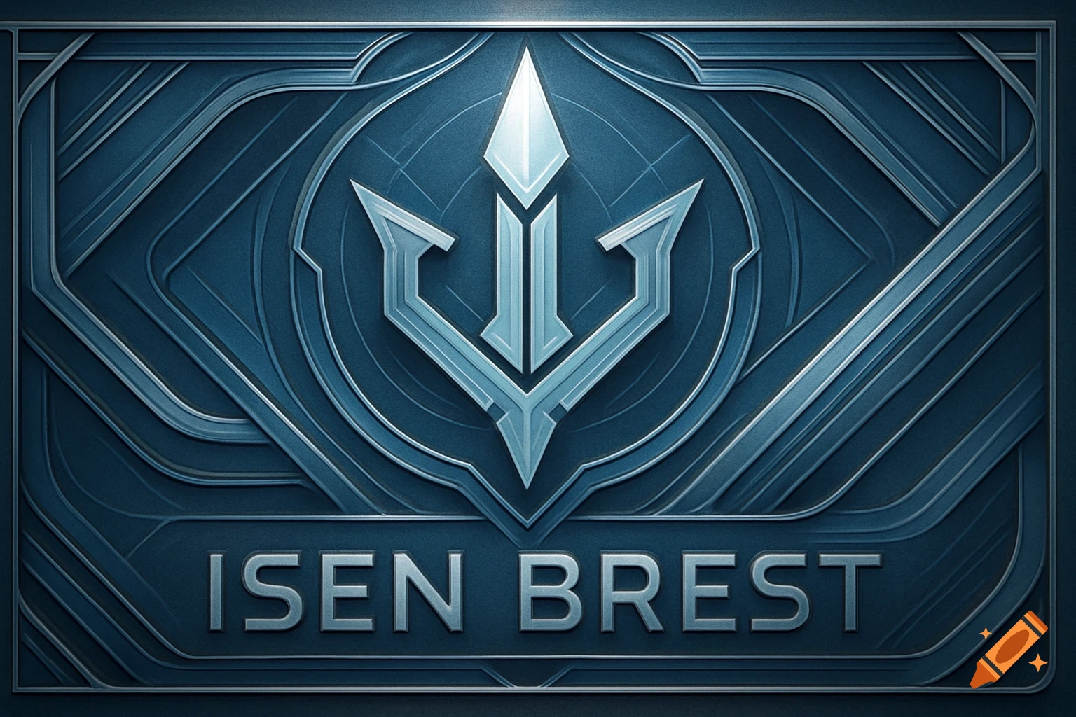 A blue and silver metallic emblem with a geometric design, central trident-like symbol, and 'ISEN BREST' text.