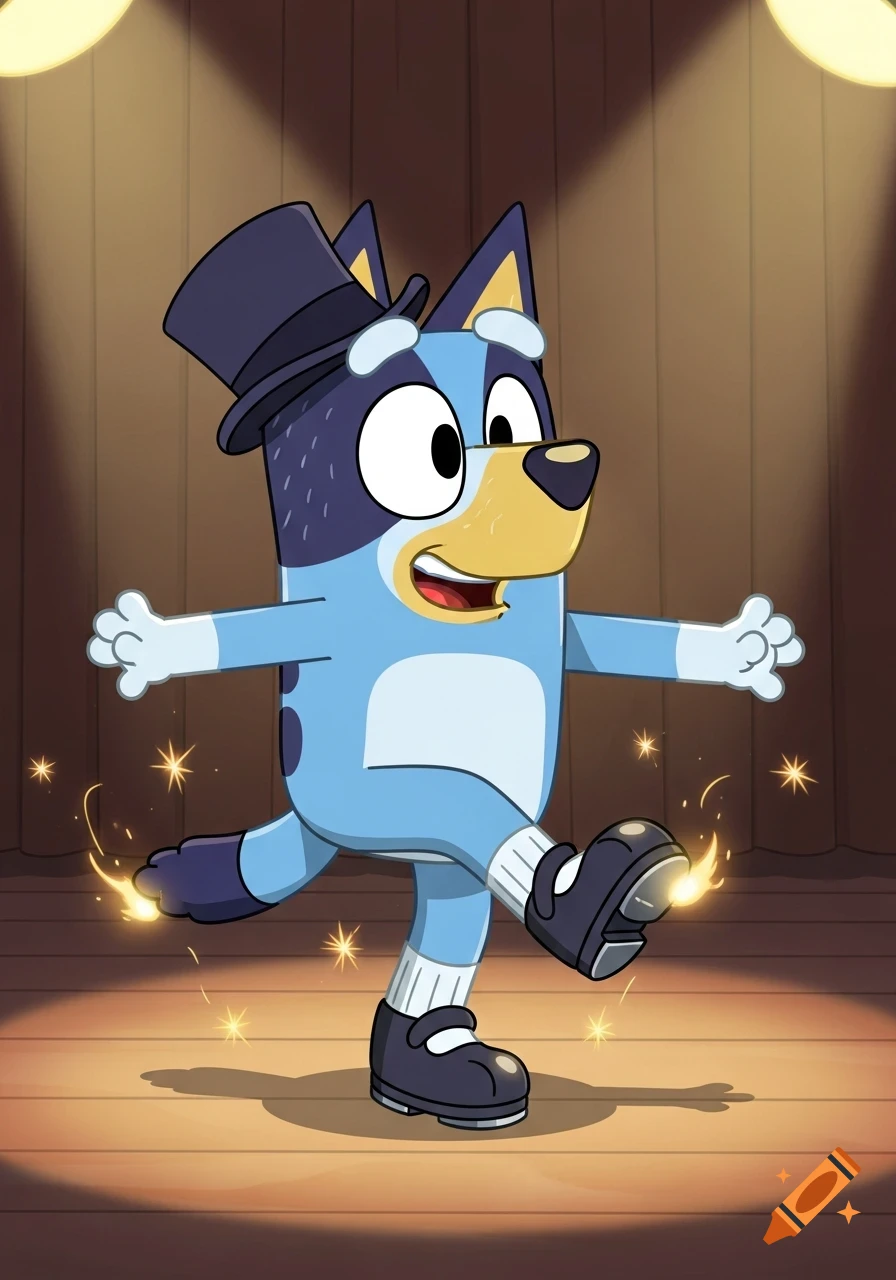 Bluey, a blue cartoon dog, tap dancing on a stage in a top hat and tap shoes with sparkles.