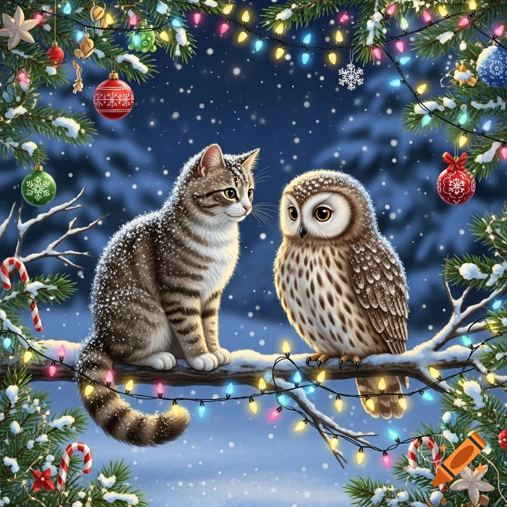 A tabby cat and a barn owl sit on a snowy branch with Christmas lights and ornaments under falling snow at night.