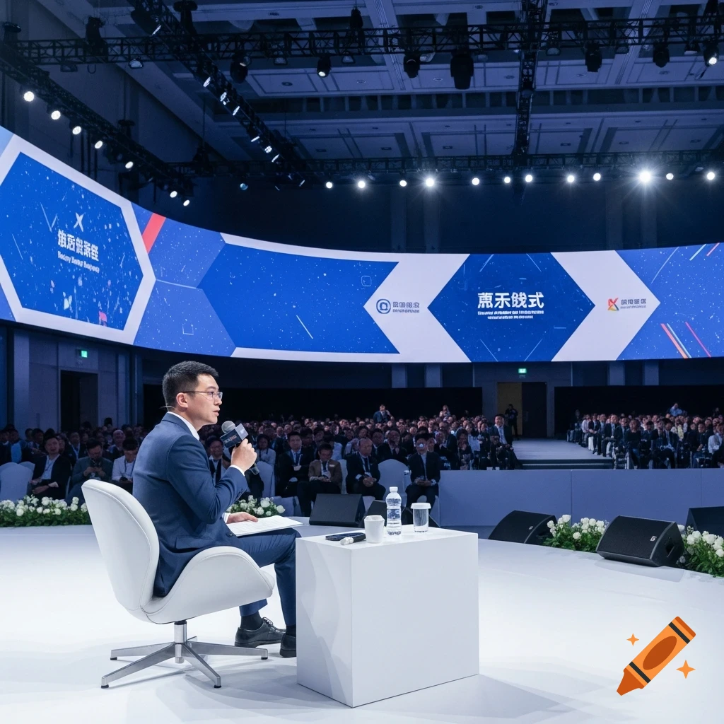 A man in a suit speaks into a microphone on a white stage at a large conference, with a wide blue screen behind him showing logos and text.