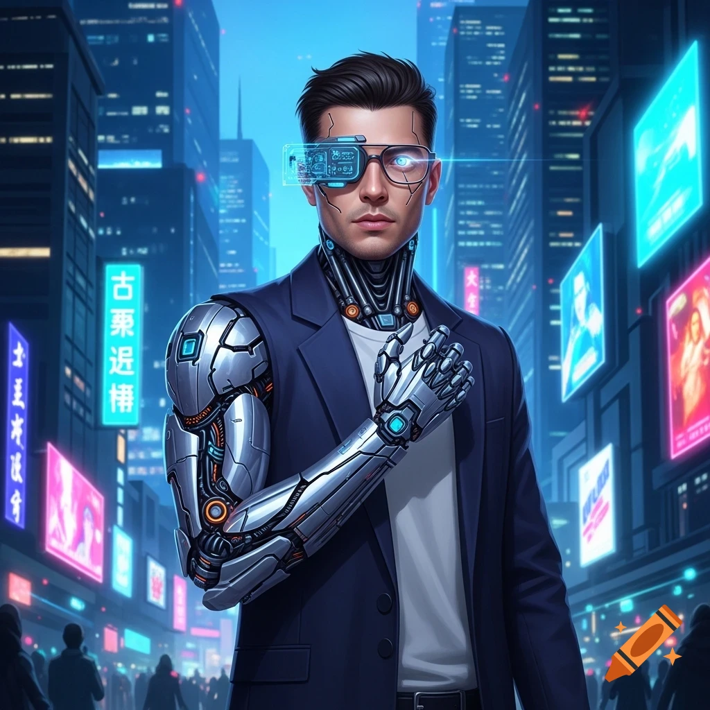 A futuristic man with a cybernetic arm, neck, and holographic glasses stands in a neon-lit cyberpunk city at night.