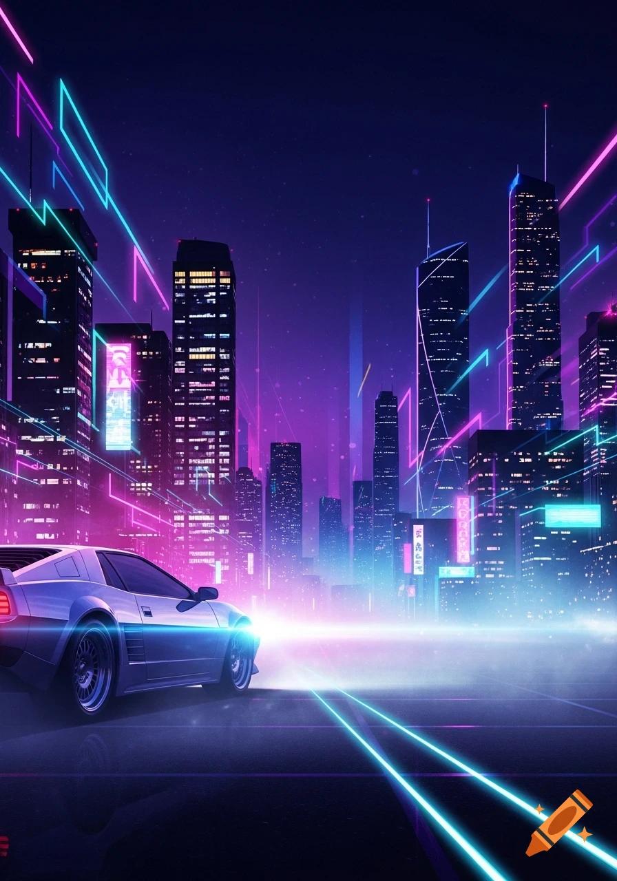 A retro-futuristic cityscape at night with a silver sports car, bathed in neon pink and blue lights.