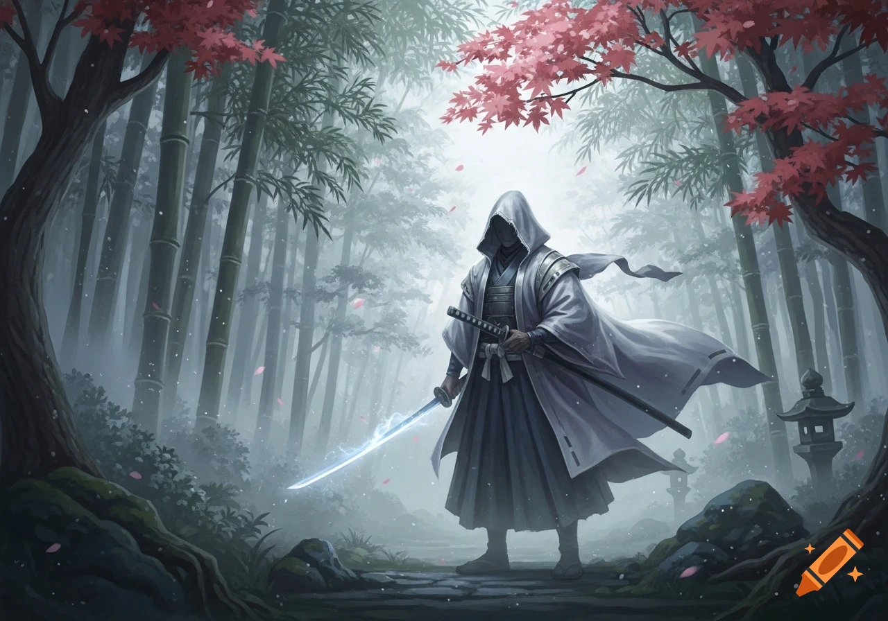 A hooded figure holding a glowing katana stands in a misty bamboo forest with red maple trees in an anime style.