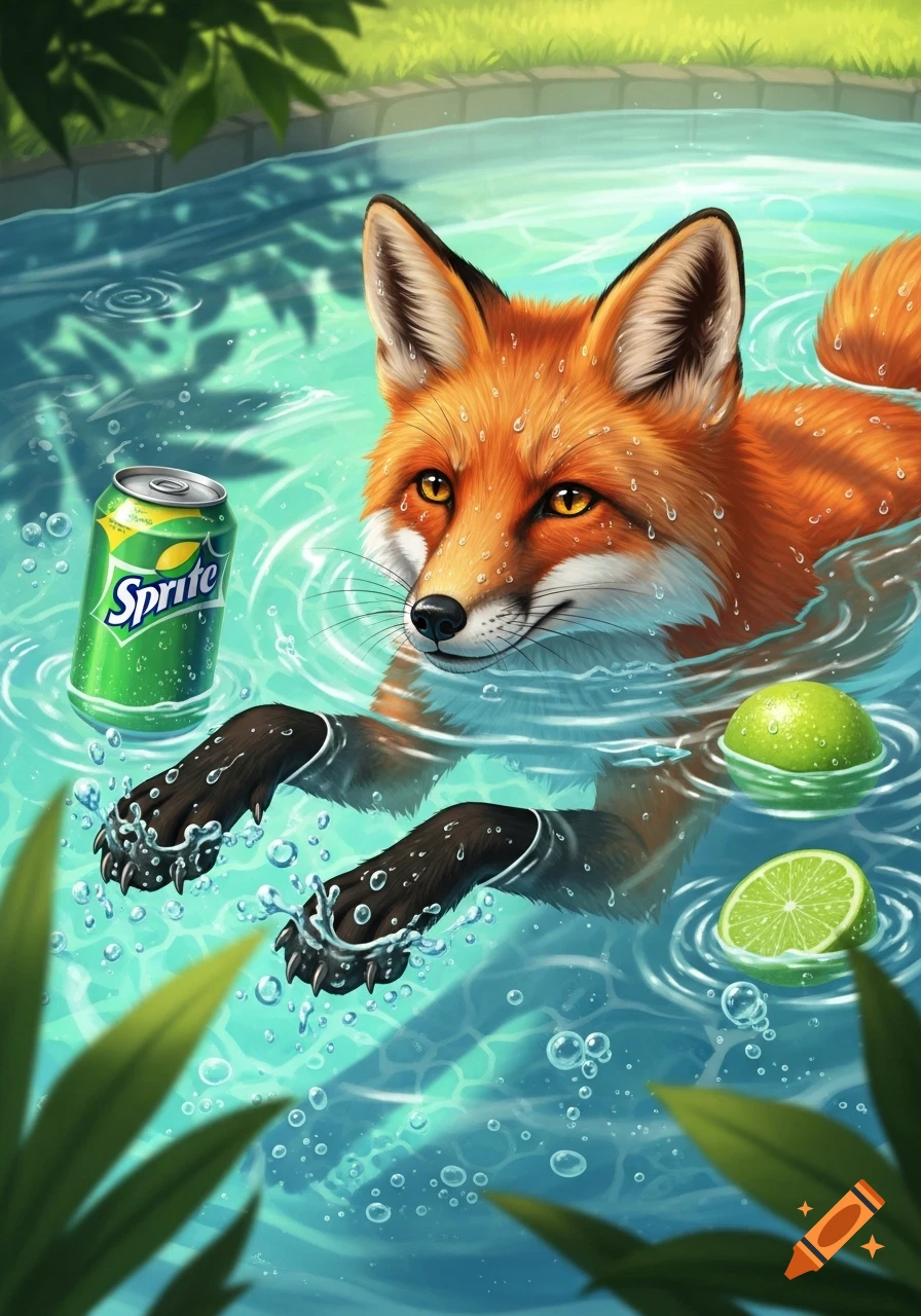 An orange fox with black paws swims in a vibrant blue pool with a green Sprite can and sliced limes, surrounded by green foliage, in an illustrative style.
