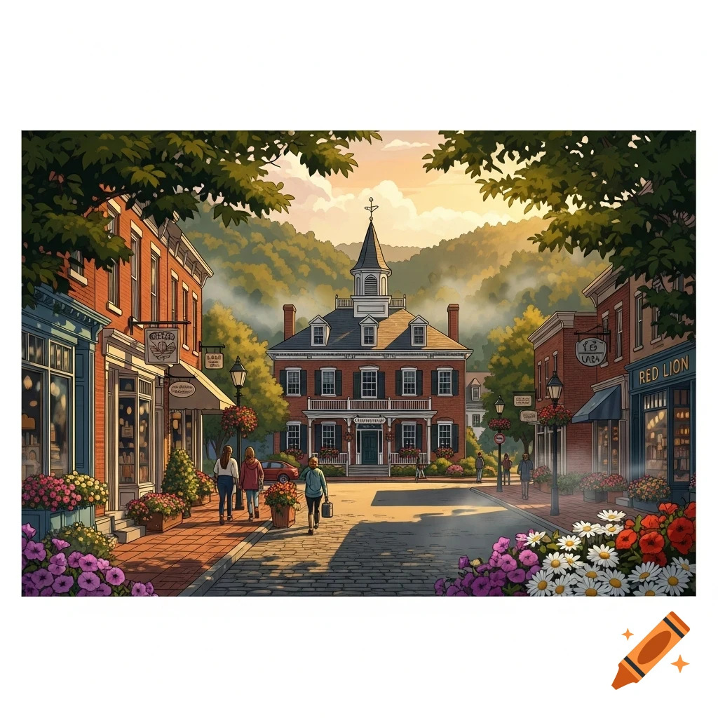 An illustrative town street scene at sunset with brick buildings, people walking on a cobblestone street, and a large building with a steeple in the background.