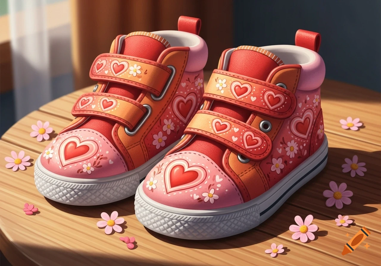 A pair of red, pink, and salmon kids' sneakers decorated with hearts and flowers on a wooden surface.