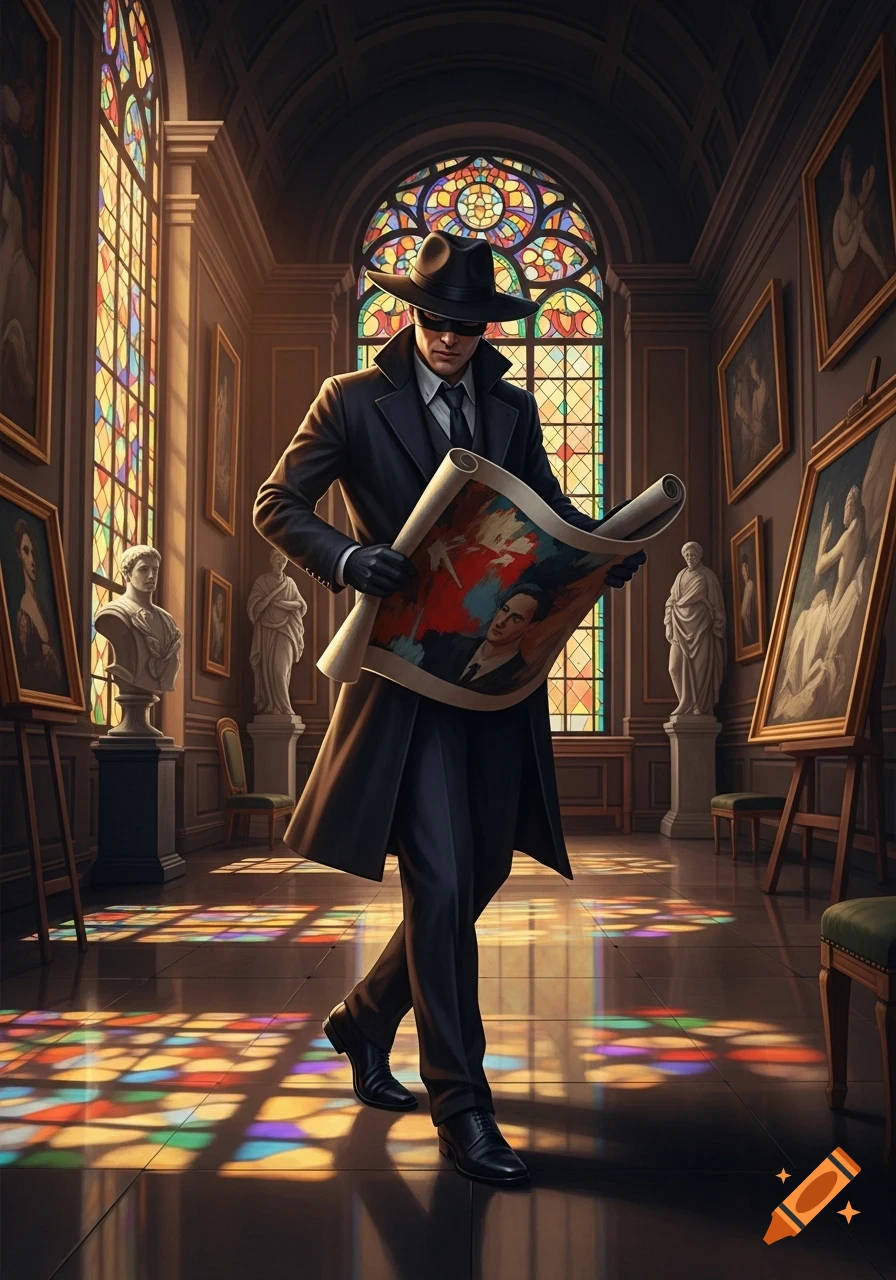 A masked art thief in a trench coat walks through a grand gallery with stained glass windows, holding a rolled painting.