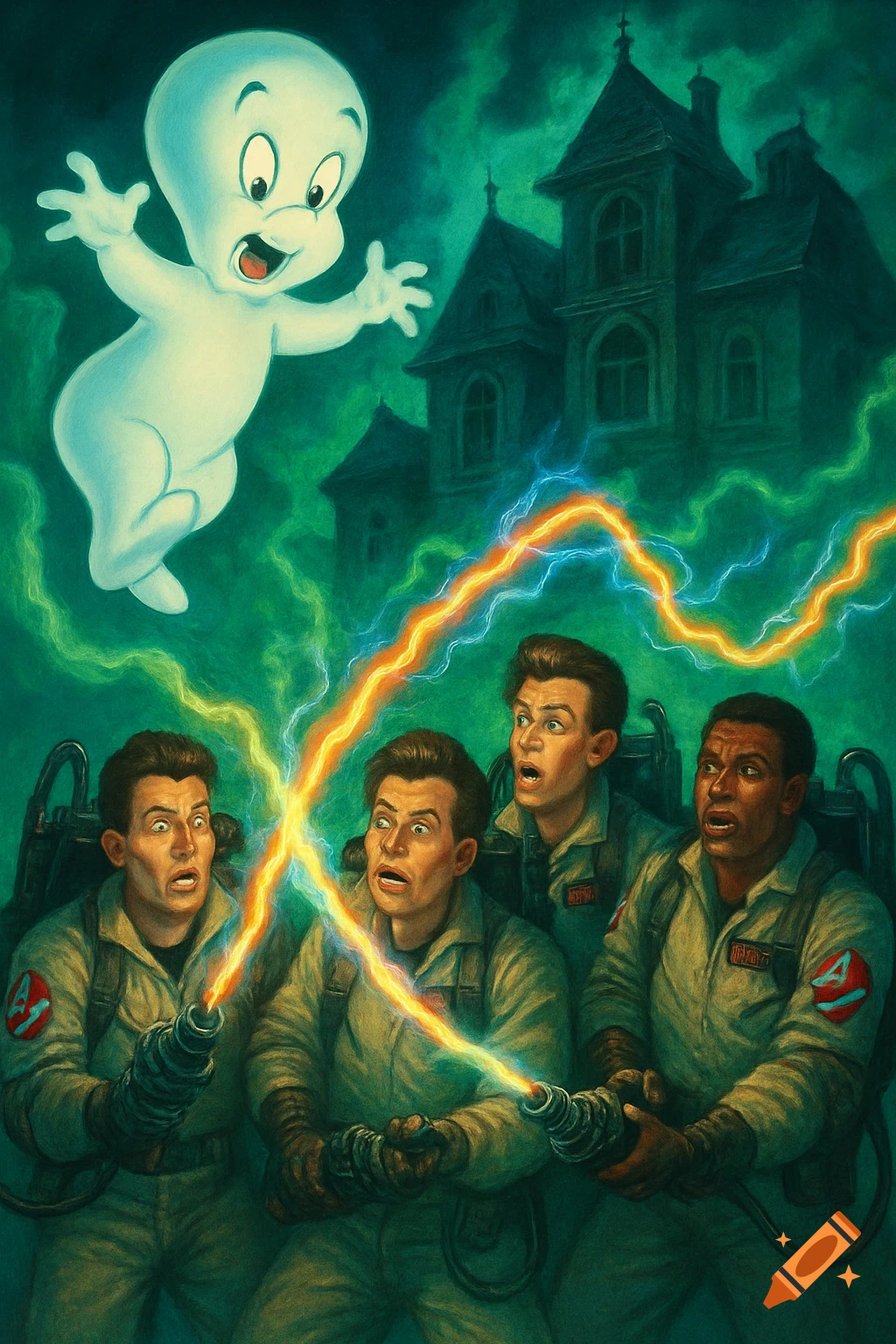 Casper the Friendly Ghost floats above a haunted house as three Ghostbusters aim their proton packs, creating electricity that converges on Casper in a vibrant, illustrative style.
