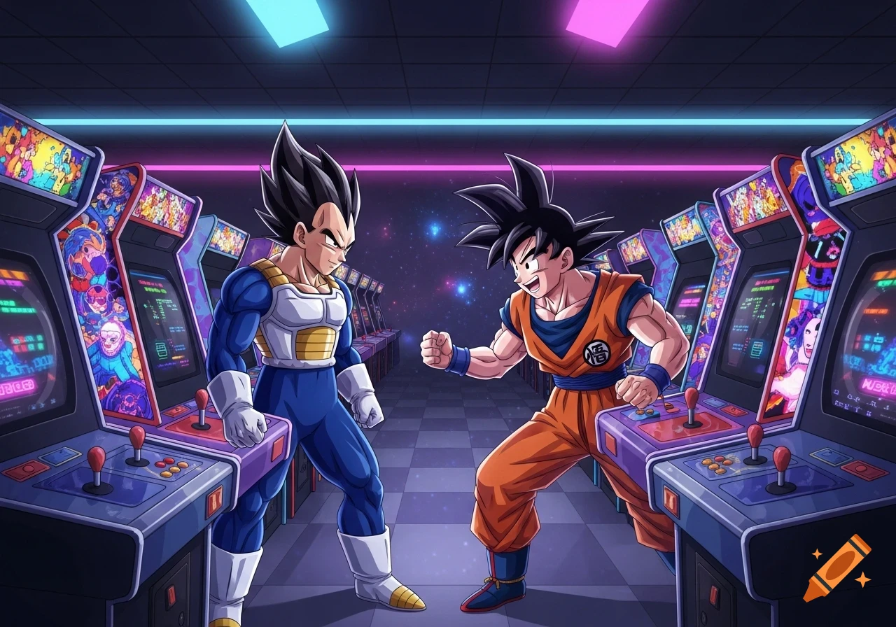 Vegeta and Son Goku stand poised in a vibrant retro arcade, surrounded by colorful arcade machines, under neon lights and a starry background.