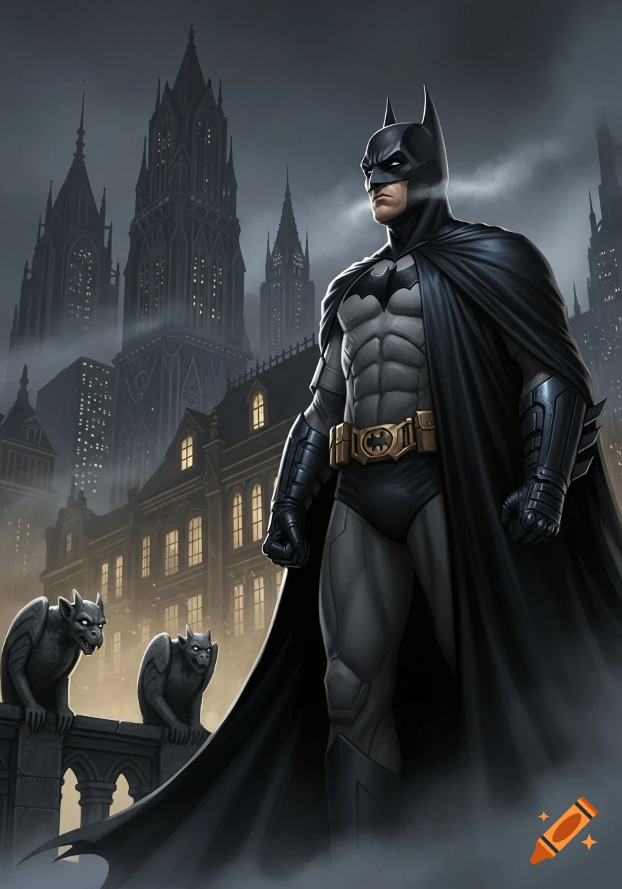 Batman stands on a dark Gotham rooftop with gargoyles, overlooking the foggy Gothic city at night in a detailed comic art illustration.