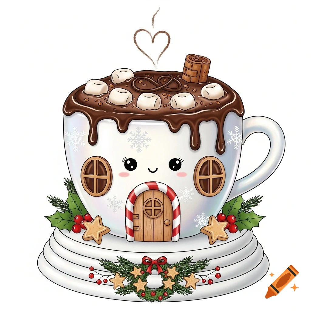 A whimsical kawaii illustration of a hot chocolate Christmas house, featuring a smiling mug with marshmallow topping, cinnamon stick, and a candy cane door, decorated with holly and star cookies on a tiered base.