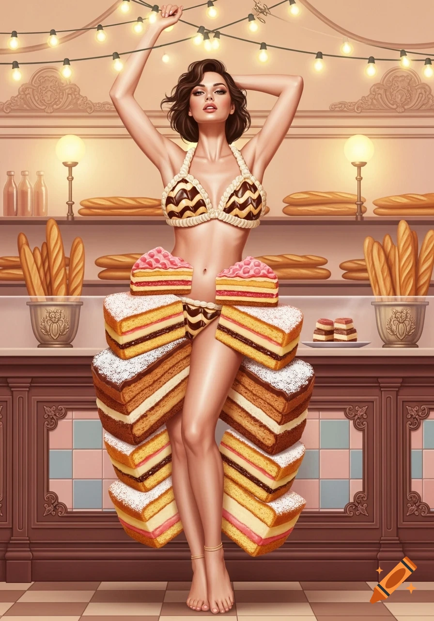 An illustrated pin-up style image of a woman posing in a bakery, wearing a bikini and skirt made of cake slices.