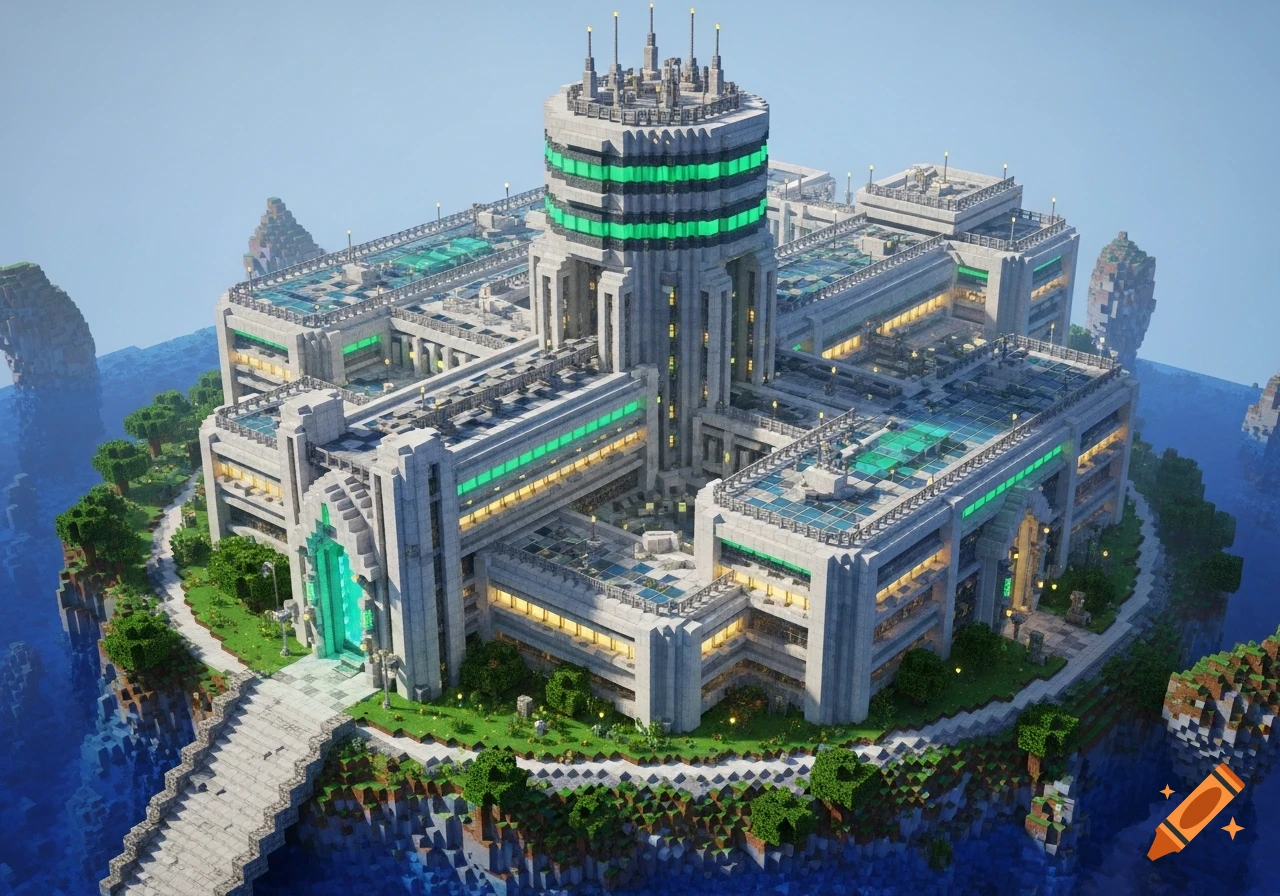 An aerial view of a detailed futuristic blocky building complex in ...