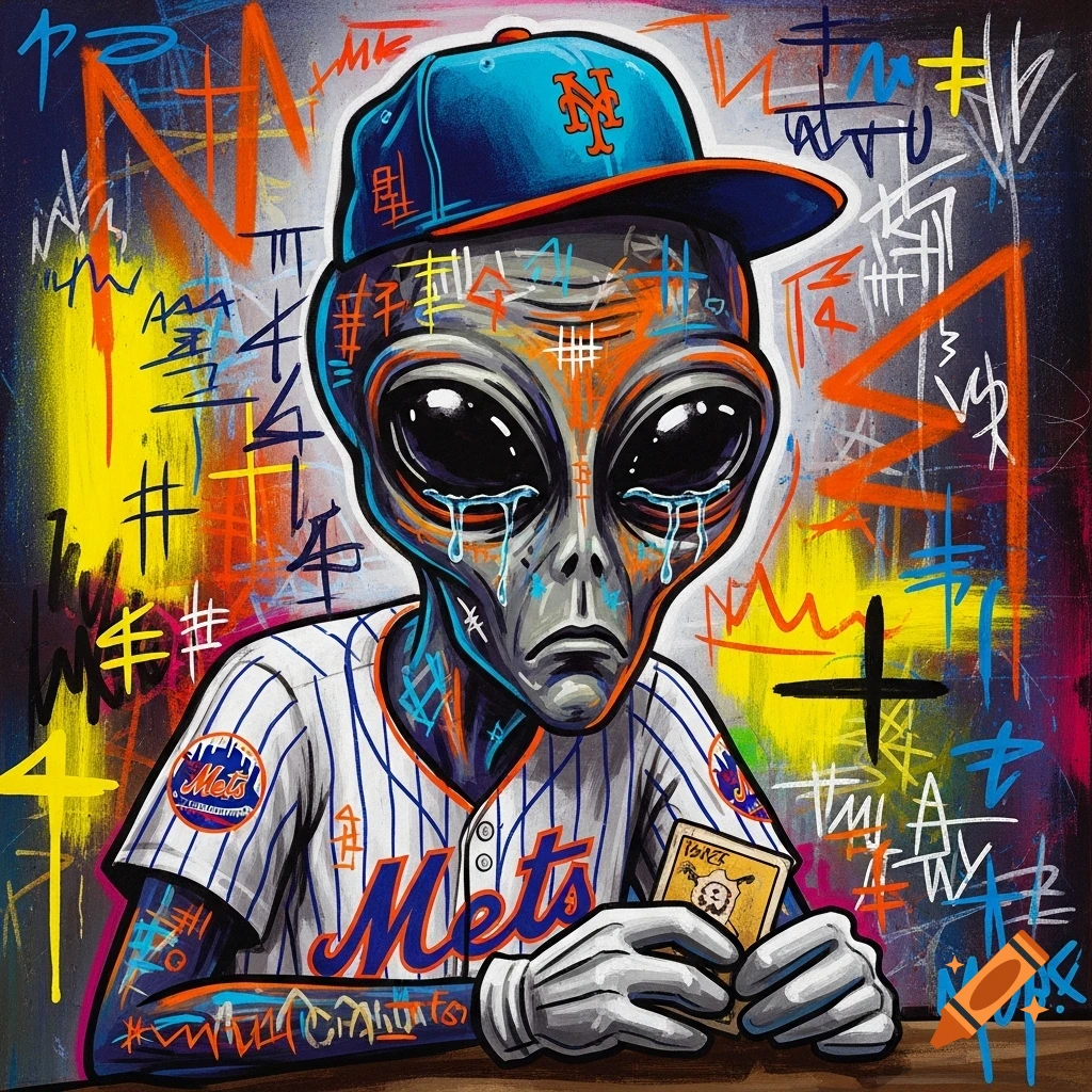 A crying gray alien in a blue Mets baseball cap and pinstriped jersey holds a small card, set against a vibrant, chaotic graffiti-style background with "Mets" text.