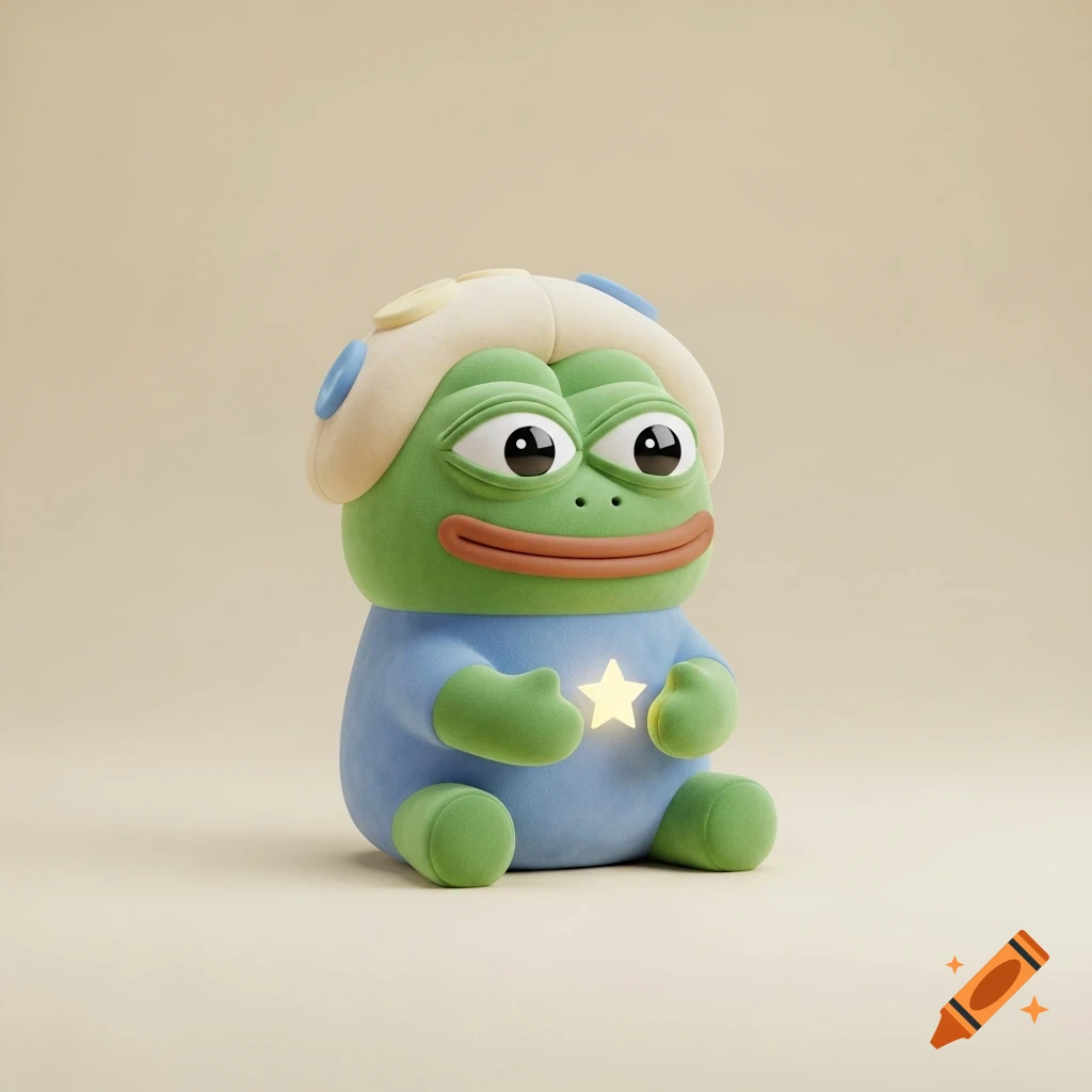 A cute 3D render of a green Pepe frog-inspired plush toy in a blue outfit and beanie, holding a glowing star.