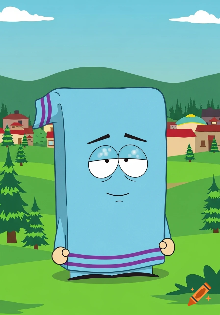Towelie, the blue towel character from South Park, with purple stripes on his head and base, stands in a green field with houses and green hills in the background under a blue sky.
