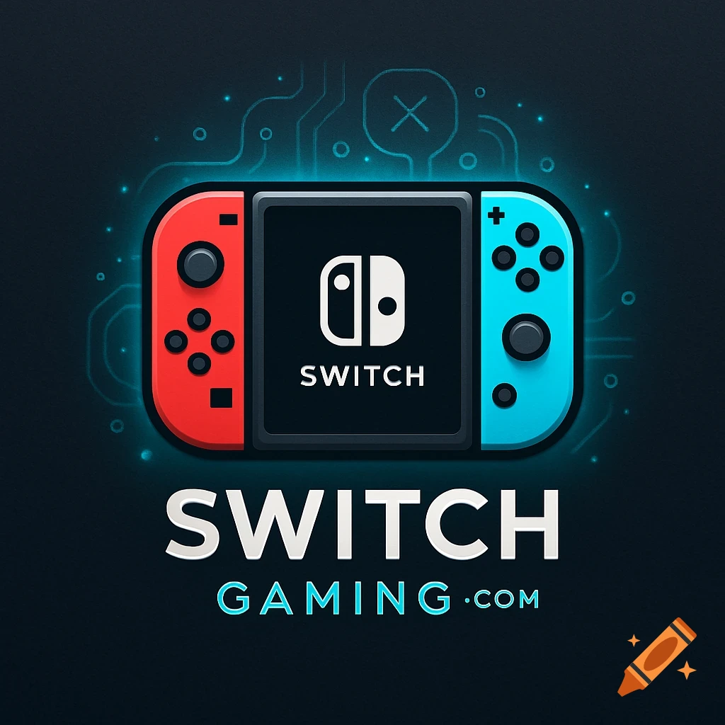 Stylized logo featuring a red and blue Nintendo Switch console with ...