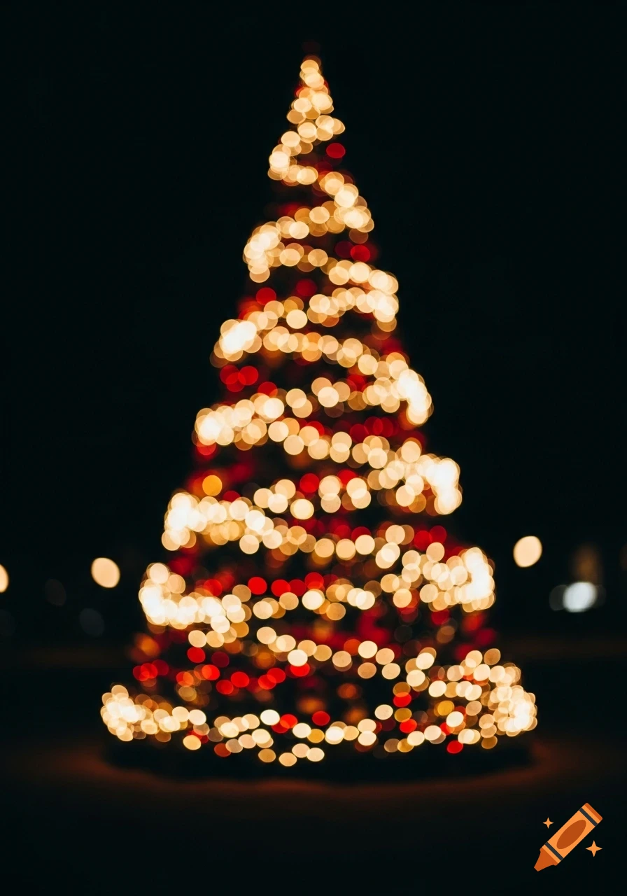 Abstract Christmas tree silhouette formed by glowing golden and red bokeh lights against a dark background, soft focus.