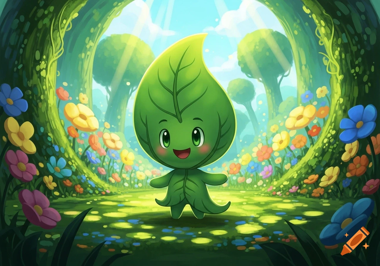 A cute, smiling green leaf character stands in a vibrant, cartoon forest clearing filled with colorful flowers.