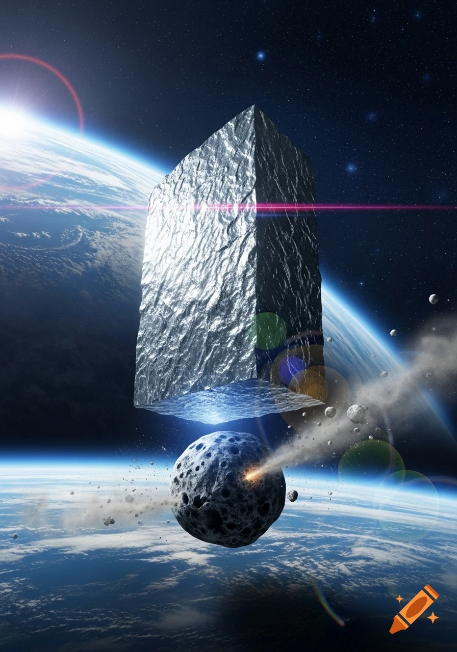 A massive, crinkled metallic cube hovers above Earth, electromagnetically attracting a glowing asteroid and debris in space.