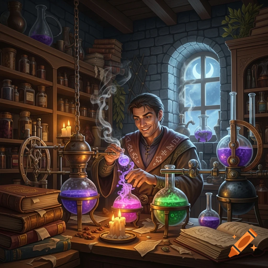 A medieval alchemist smiles while mixing glowing purple and pink potions in a dark, stone-walled laboratory filled with bottles and books.