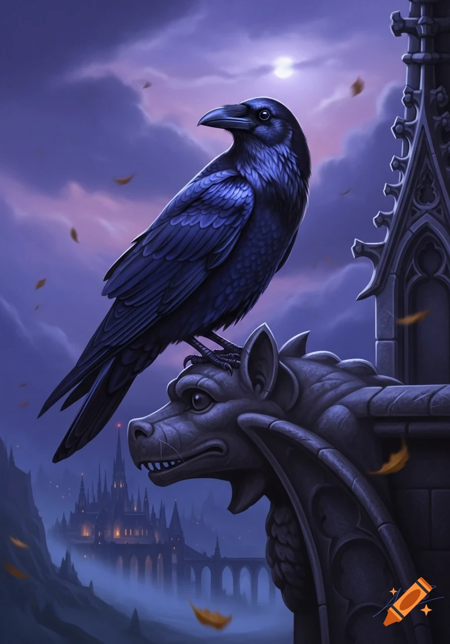 A blue-black raven perches on a gothic gargoyle, overlooking a misty castle at twilight, digital painting.