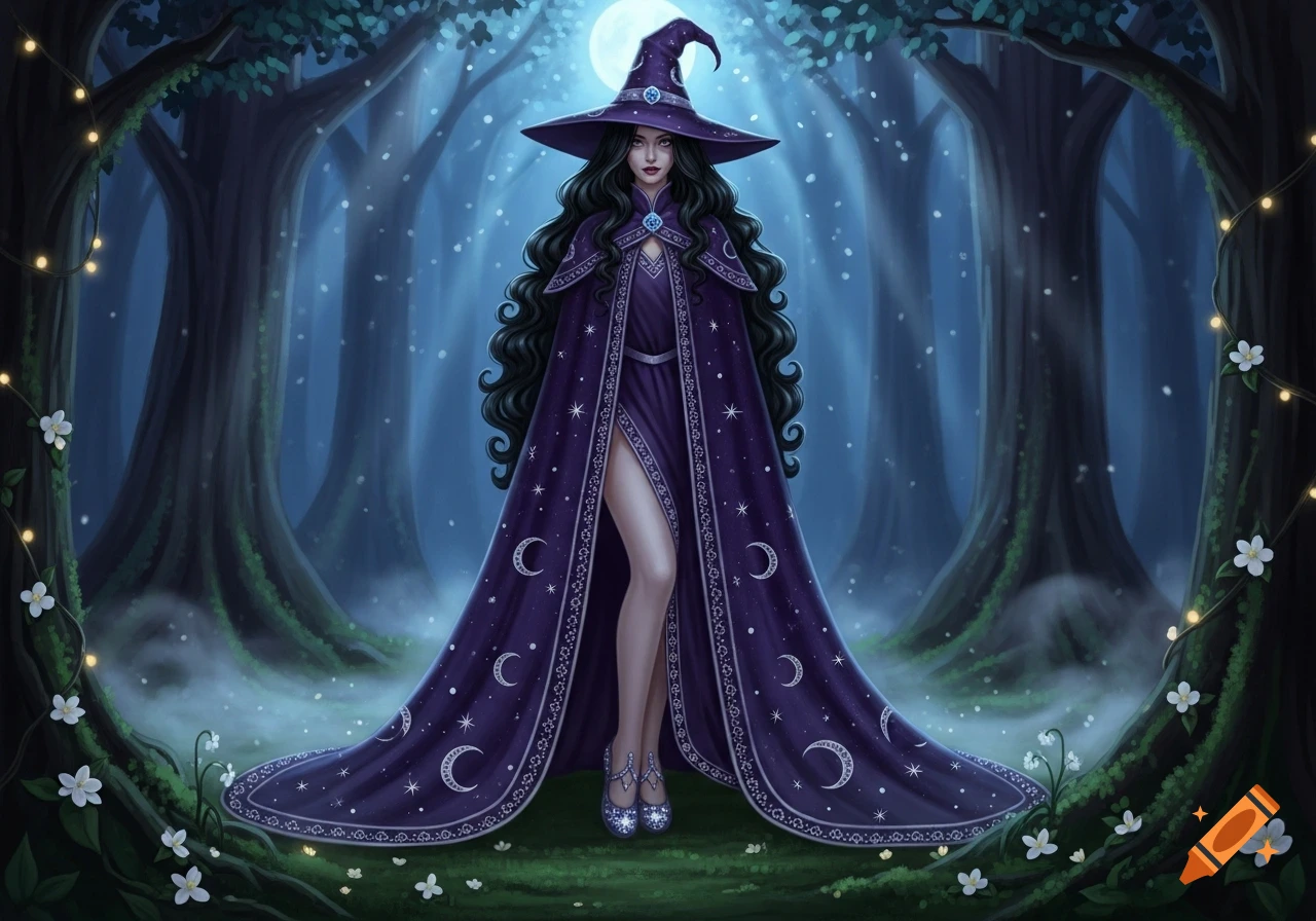 A witch with long dark hair and a wide-brimmed hat, wearing a long purple cloak adorned with moons and stars, stands in a mystical blue forest under a full moon.