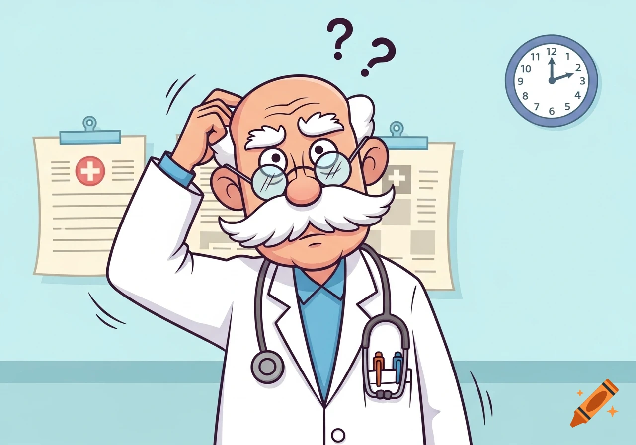 A confused old cartoon doctor in a white lab coat and stethoscope scratches his head under two question marks. A clock and medical charts are in the background.