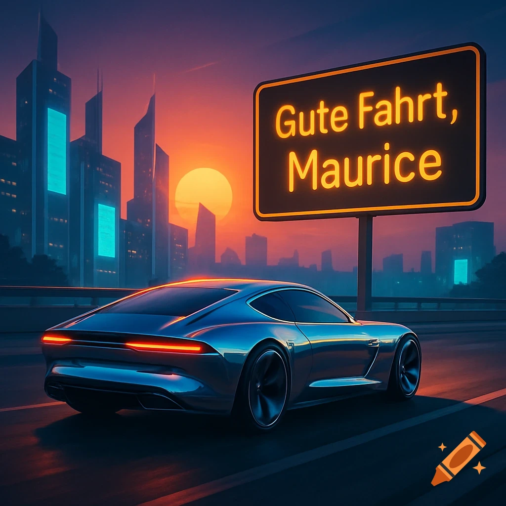 Sleek blue futuristic car on a road at sunset with a city skyline in the background, a sign reads 'Gute Fahrt, Maurice'.