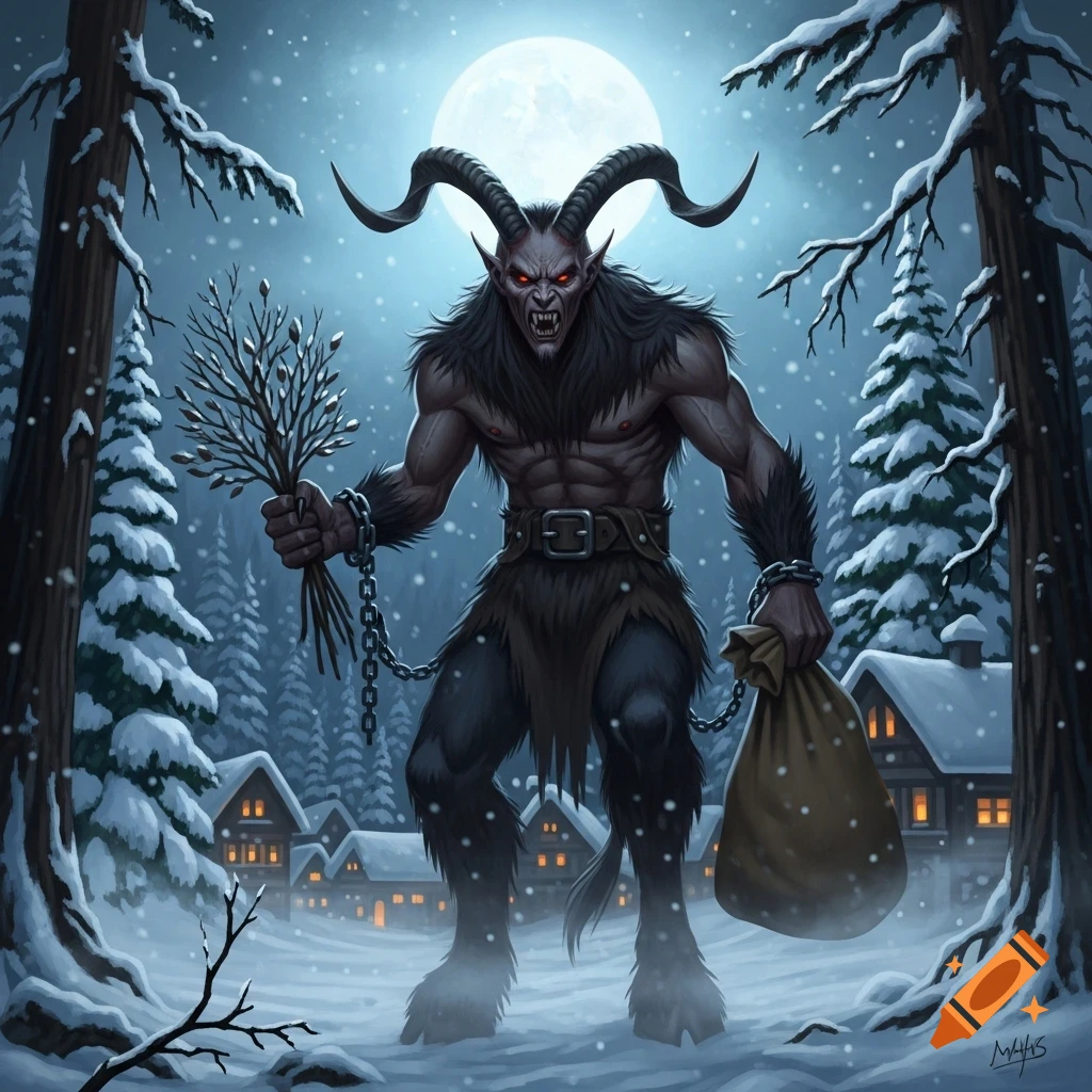 Menacing horned Krampus with glowing red eyes, holding birch branches and a sack, in a snowy pine forest with a village under a full moon.