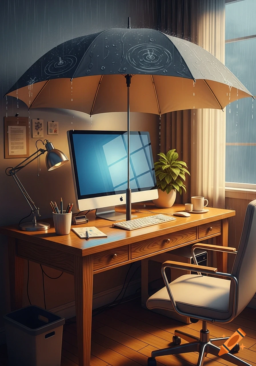 A desk with a computer and plant, shielded from indoor rain by an open umbrella, next to a window.