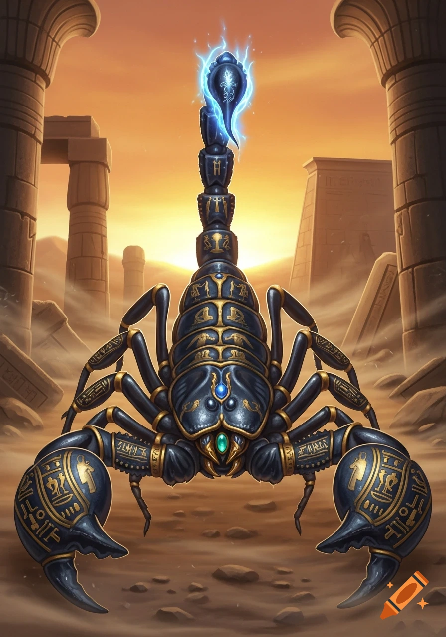 A mystical black and gold scorpion, adorned with hieroglyphic patterns and glowing blue energy, stands majestically in a desert with ancient Egyptian ruins at sunset, rendered in a detailed fantasy art style.