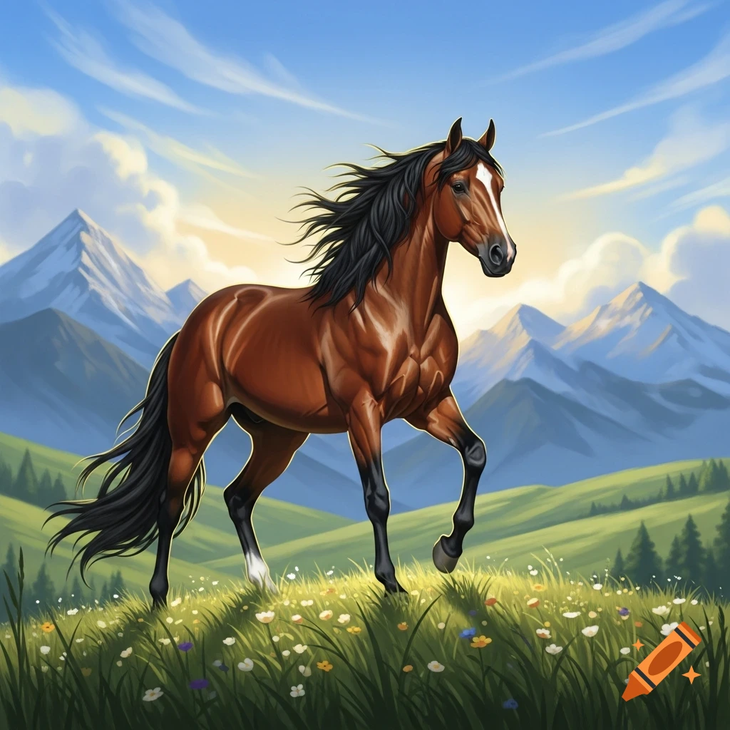 A majestic brown horse with a black mane gallops through a vibrant green meadow dotted with wildflowers, set against a backdrop of snow-capped mountains under a clear blue sky.