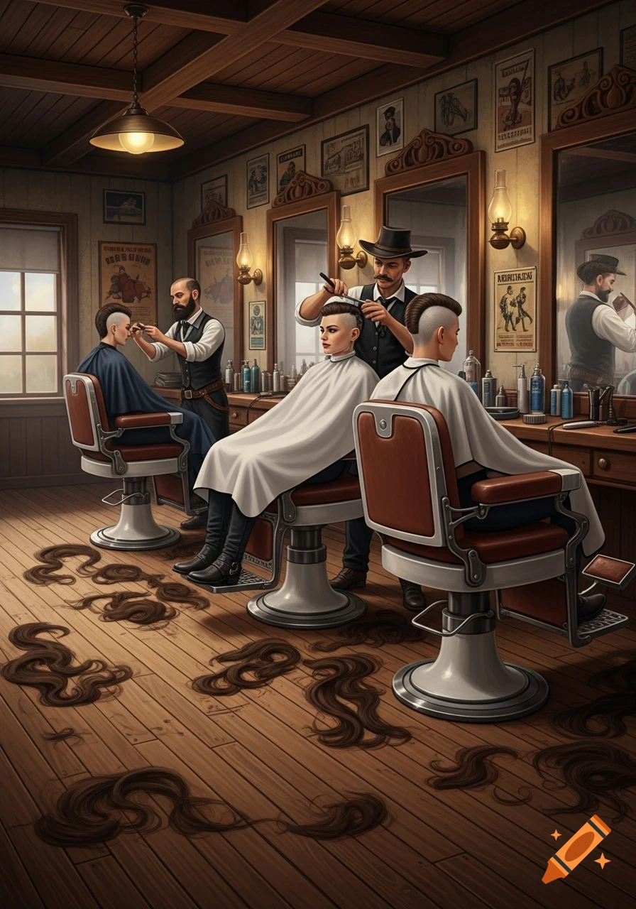 A vintage barbershop with barbers cutting clients' hair, with strands of cut hair on the wooden floor.