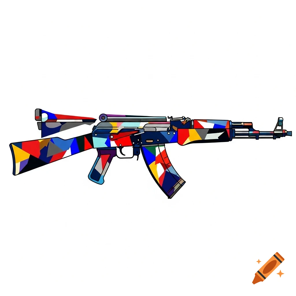 A stylized Kalashnikov rifle covered in a colorful geometric pattern, set against a white background.