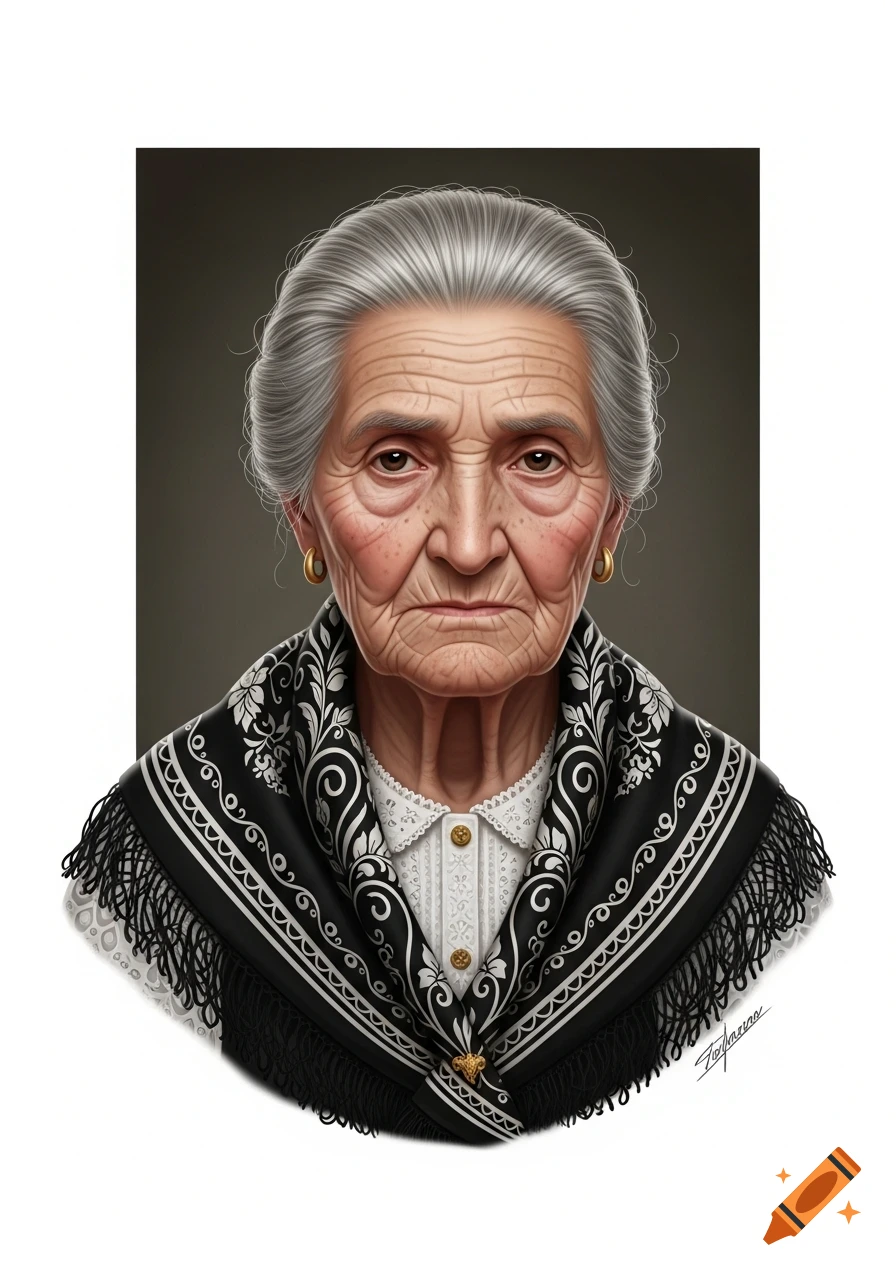 A realistic portrait of an elderly Portuguese woman with a sad, judgmental expression, wearing traditional black and white clothing and gold earrings.