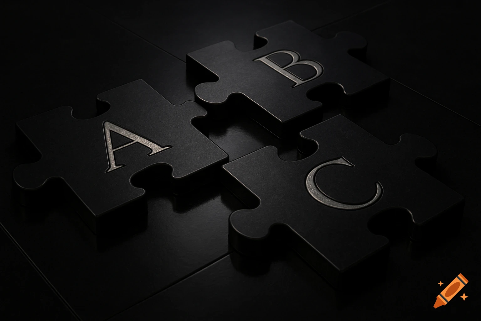 Three black puzzle pieces with silver letters A, B, C embossed, arranged on a dark floor in a low-key light.