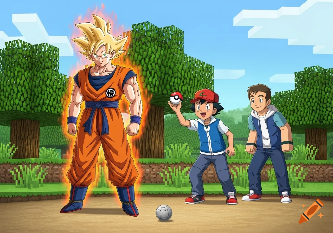 Goku, Ash Ketchum, and another man stand in a Minecraft world, with Goku glowing and Ash holding a Pokeball. A pétanque ball is on the ground.