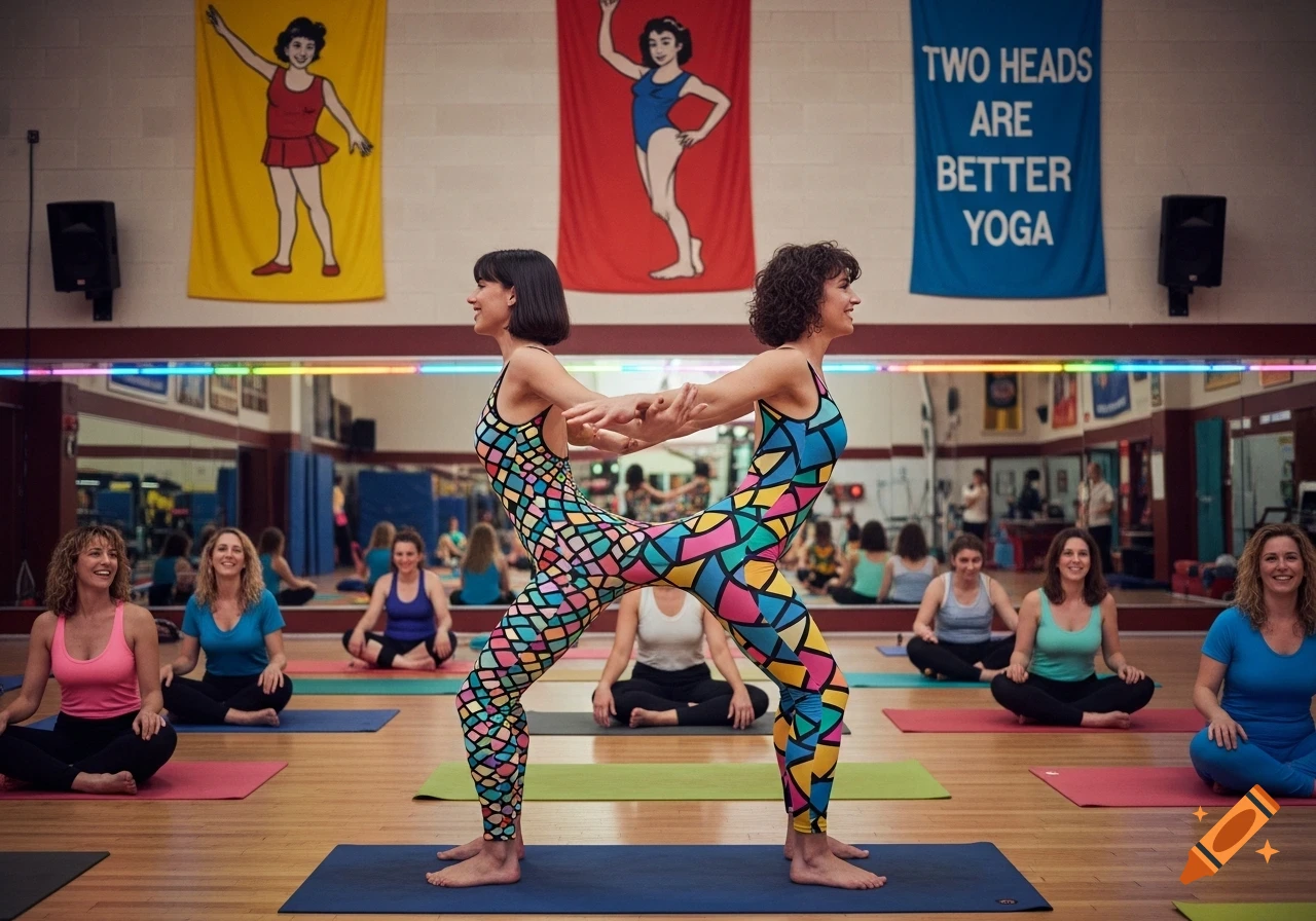 Two women in a colorful shared leotard perform a yoga pose, creating a conjoined illusion in a studio.