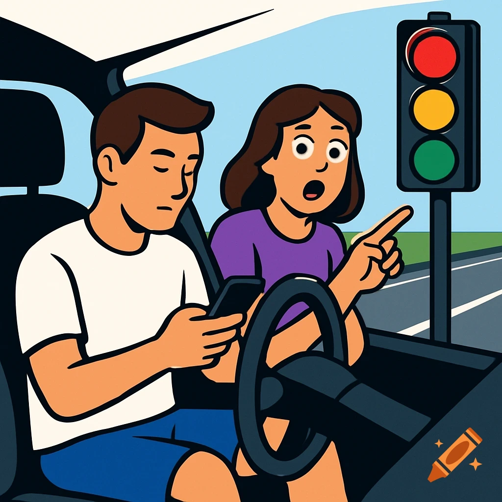 Clip art illustration of a distracted driver looking at his phone while a passenger points to a red traffic light.