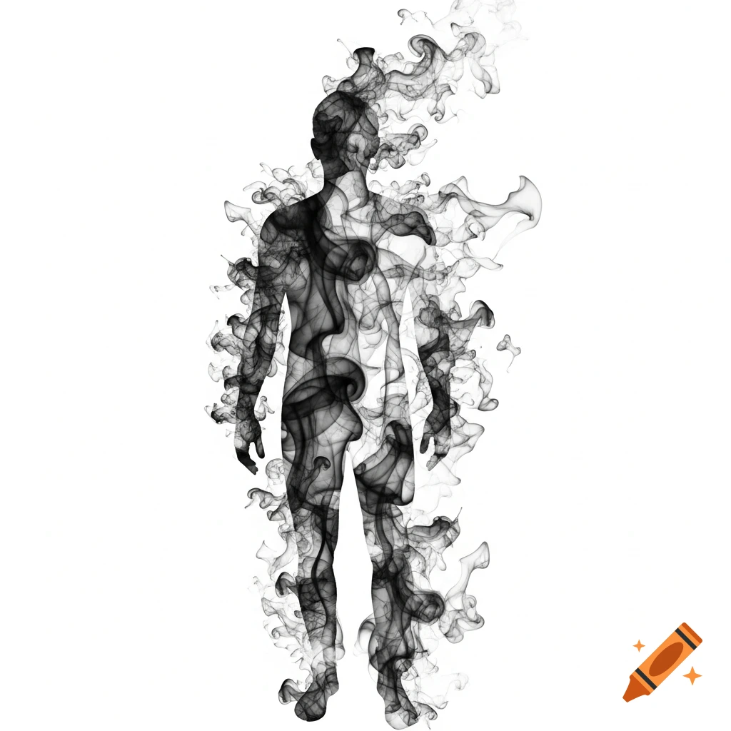 A black smoke silhouette of a standing human figure against a white background.
