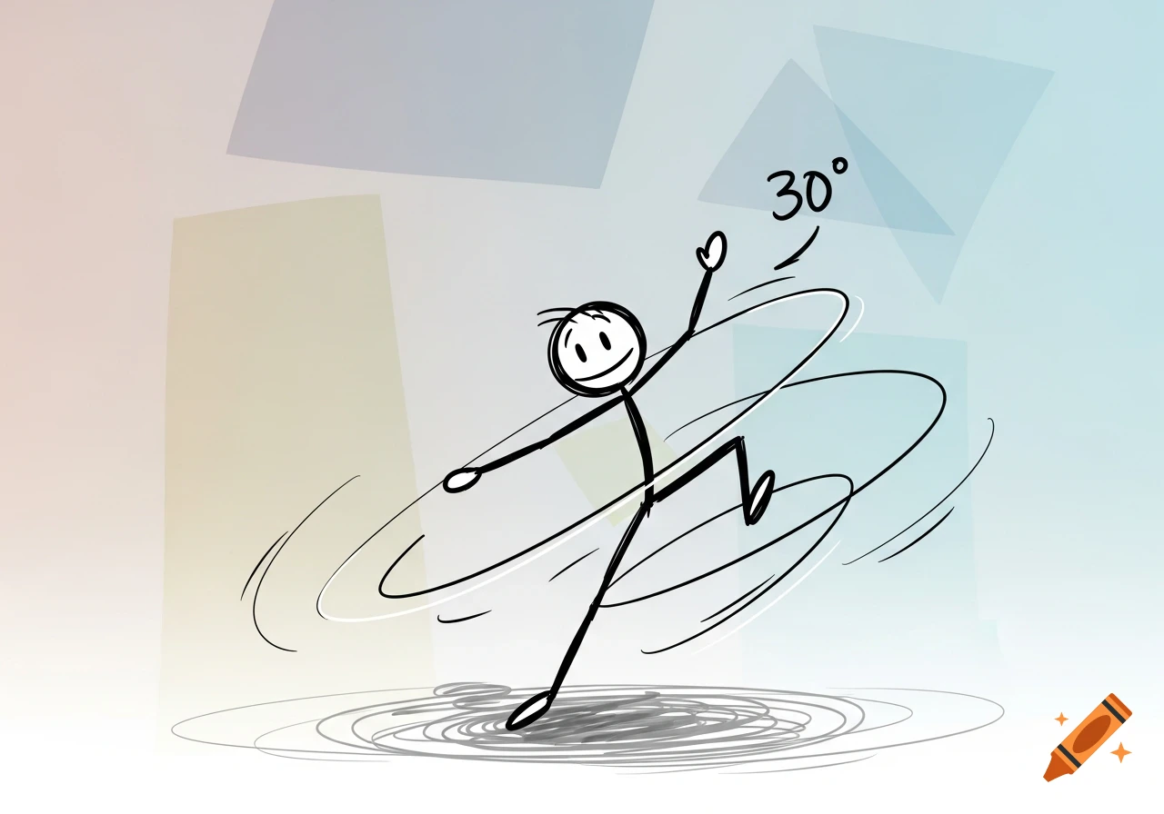 A roughly drawn stick figure with a smiling face, tilted with limbs spread, surrounded by motion lines and showing '300'.